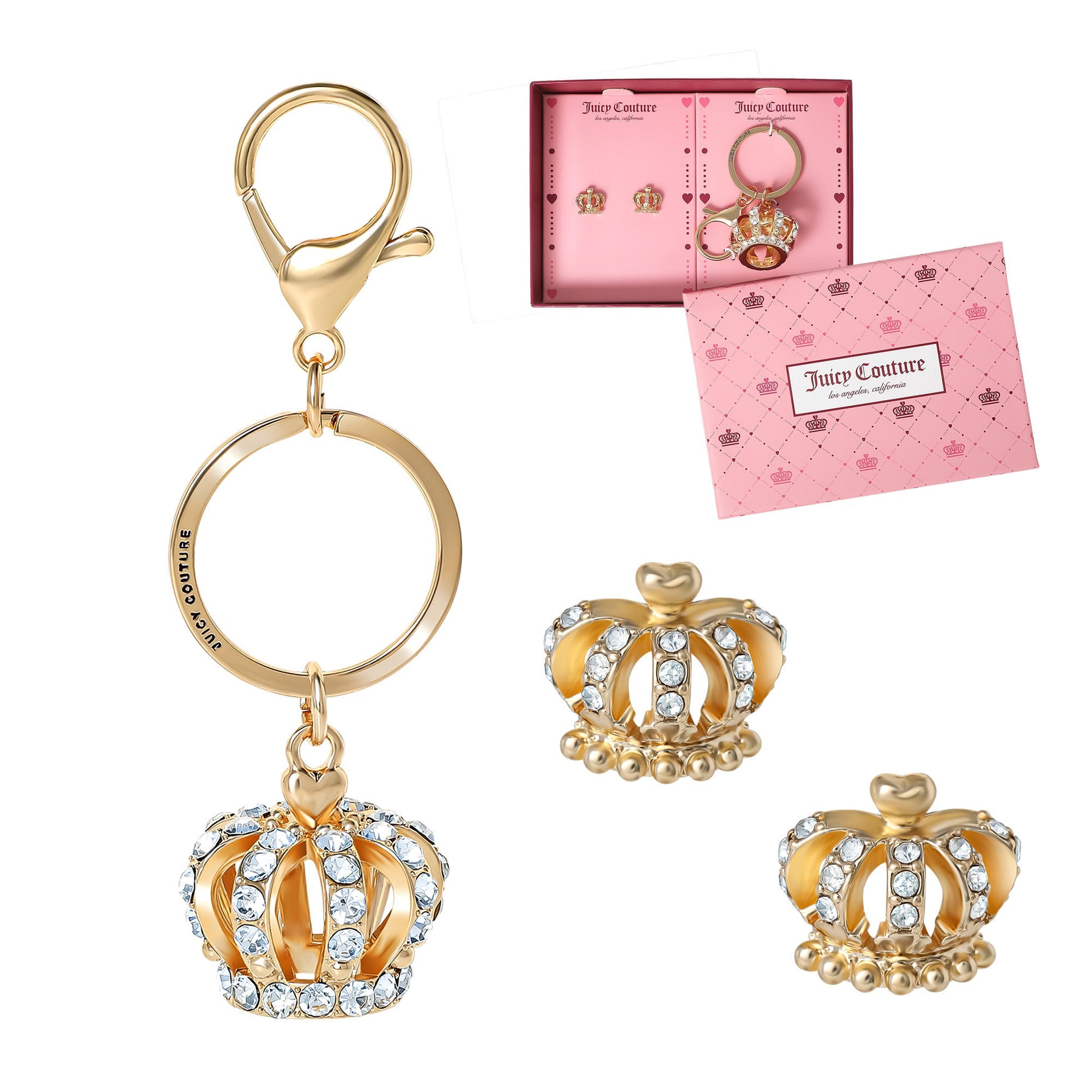 Gold-Tone Crystal Crown Keychain Bag Charm & Earring Set - Image 4