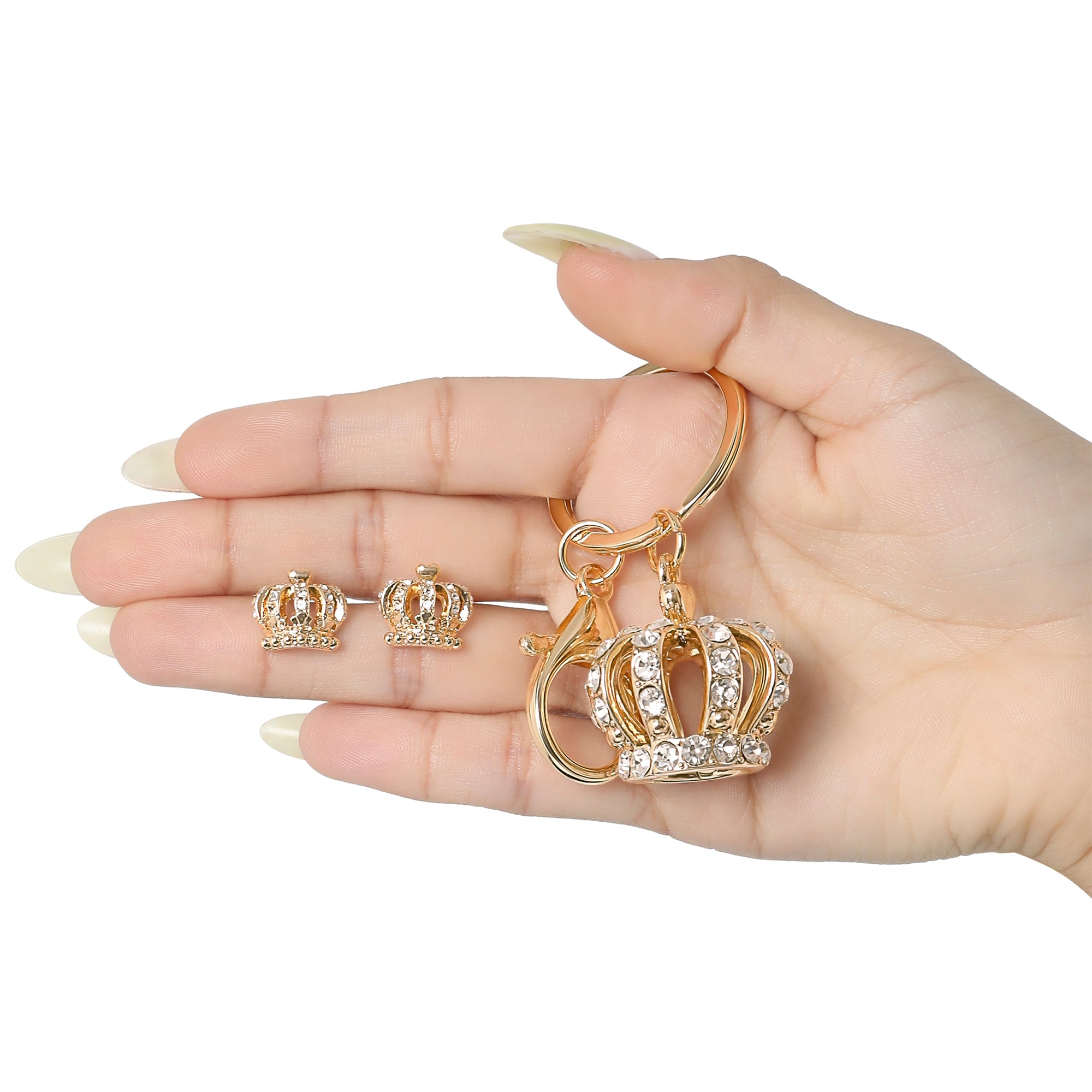 Gold-Tone Crystal Crown Keychain Bag Charm & Earring Set - Image 3