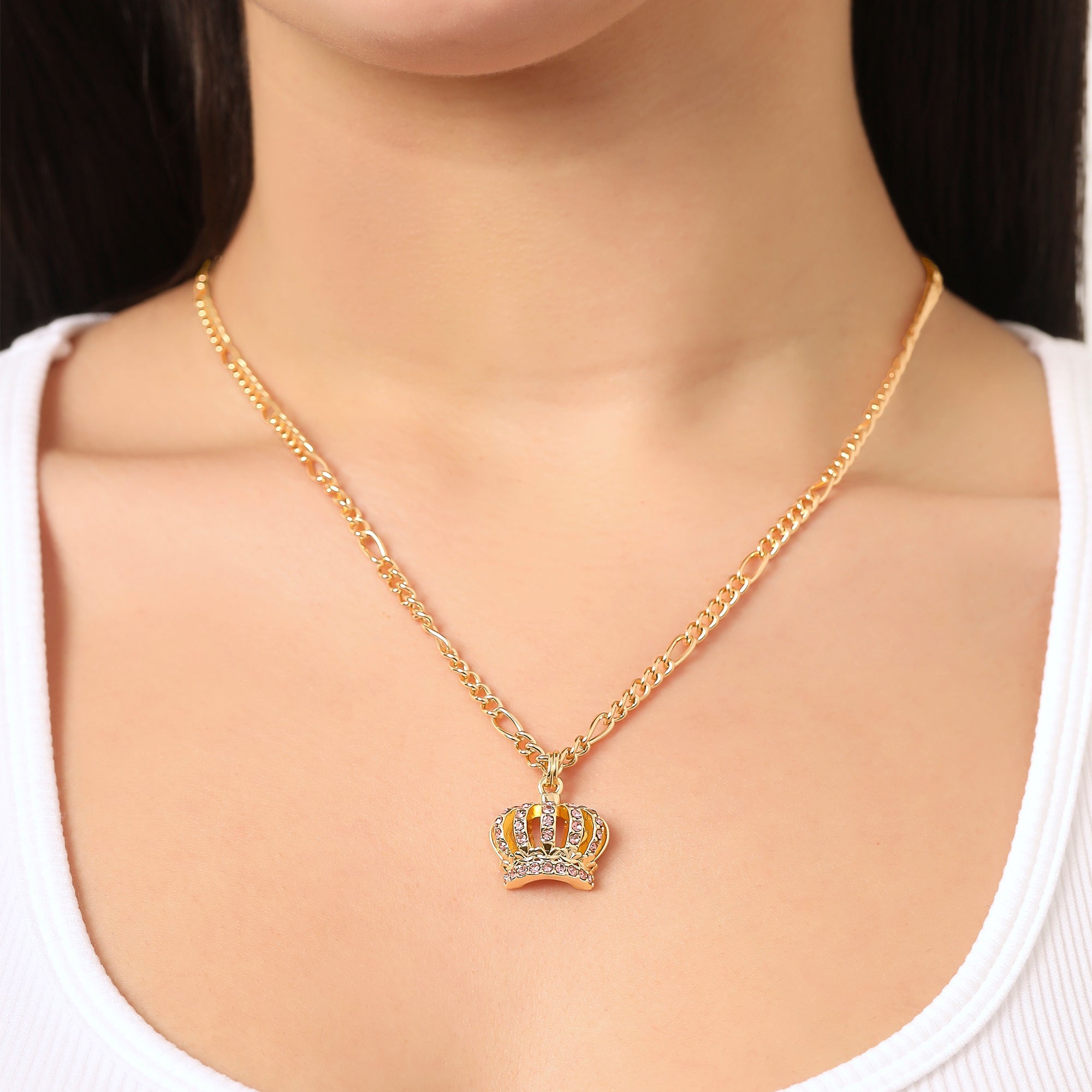 Pink Crystal Crown Pendant Necklace & Stud Earrings Set - Image 3