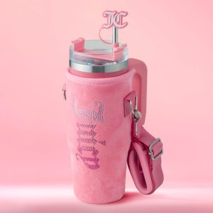 Jetsetter Hydration Stainless Steel Tumbler with Handle. Straw & Topper with Velour Crossbody Pouch