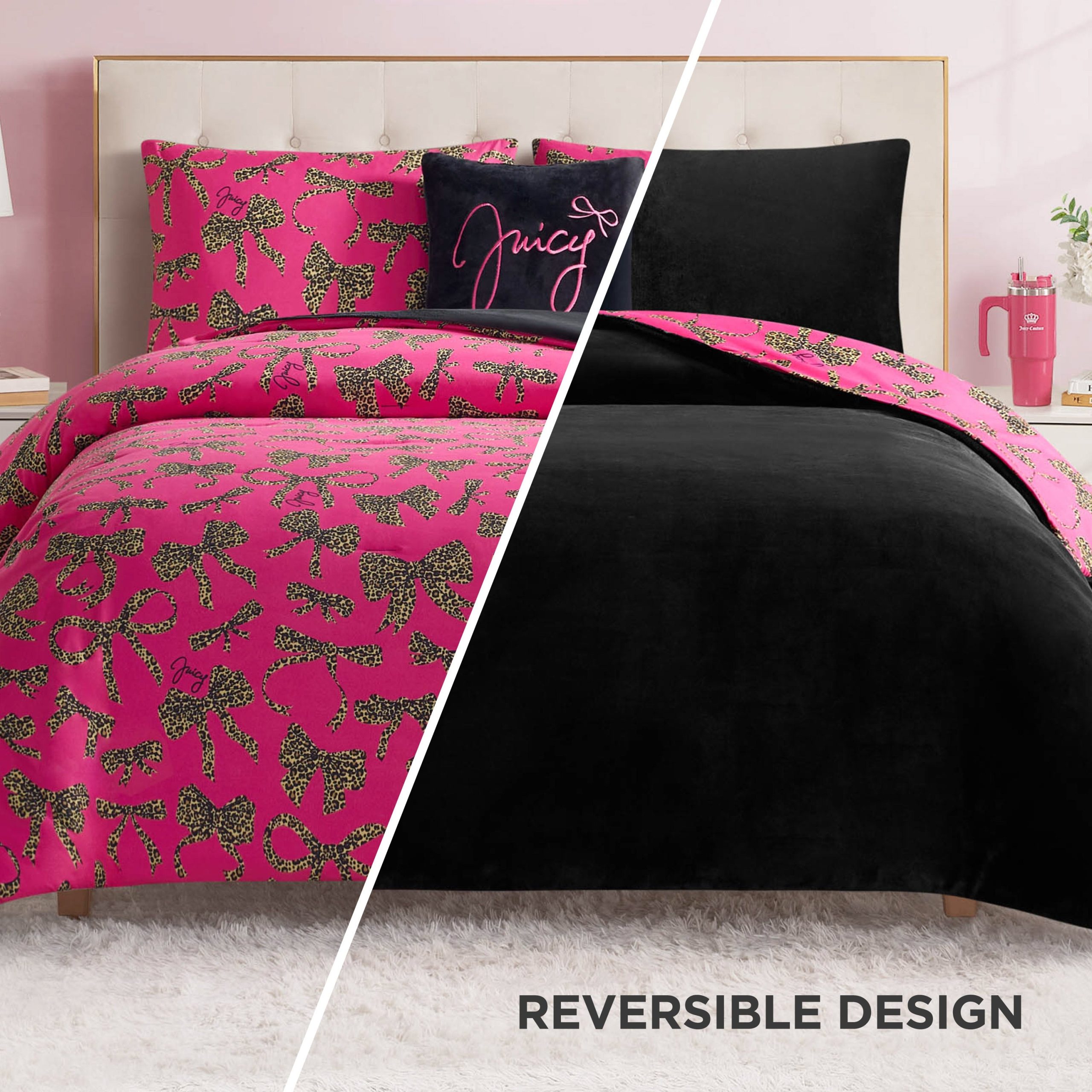Solid Plush Reversible Cheetah Bows Comforter Set - Image 2
