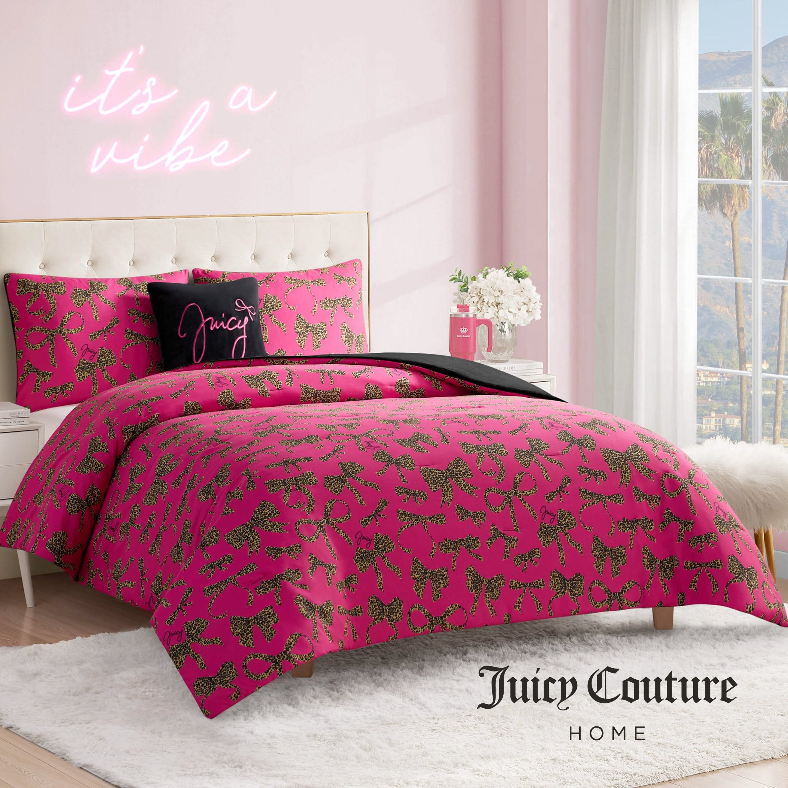 Solid Plush Reversible Cheetah Bows Comforter Set - Image 3