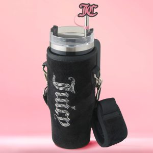Jetsetter Hydration Stainless Steel Tumbler with Handle. Straw & Topper with Velour Crossbody Pouch