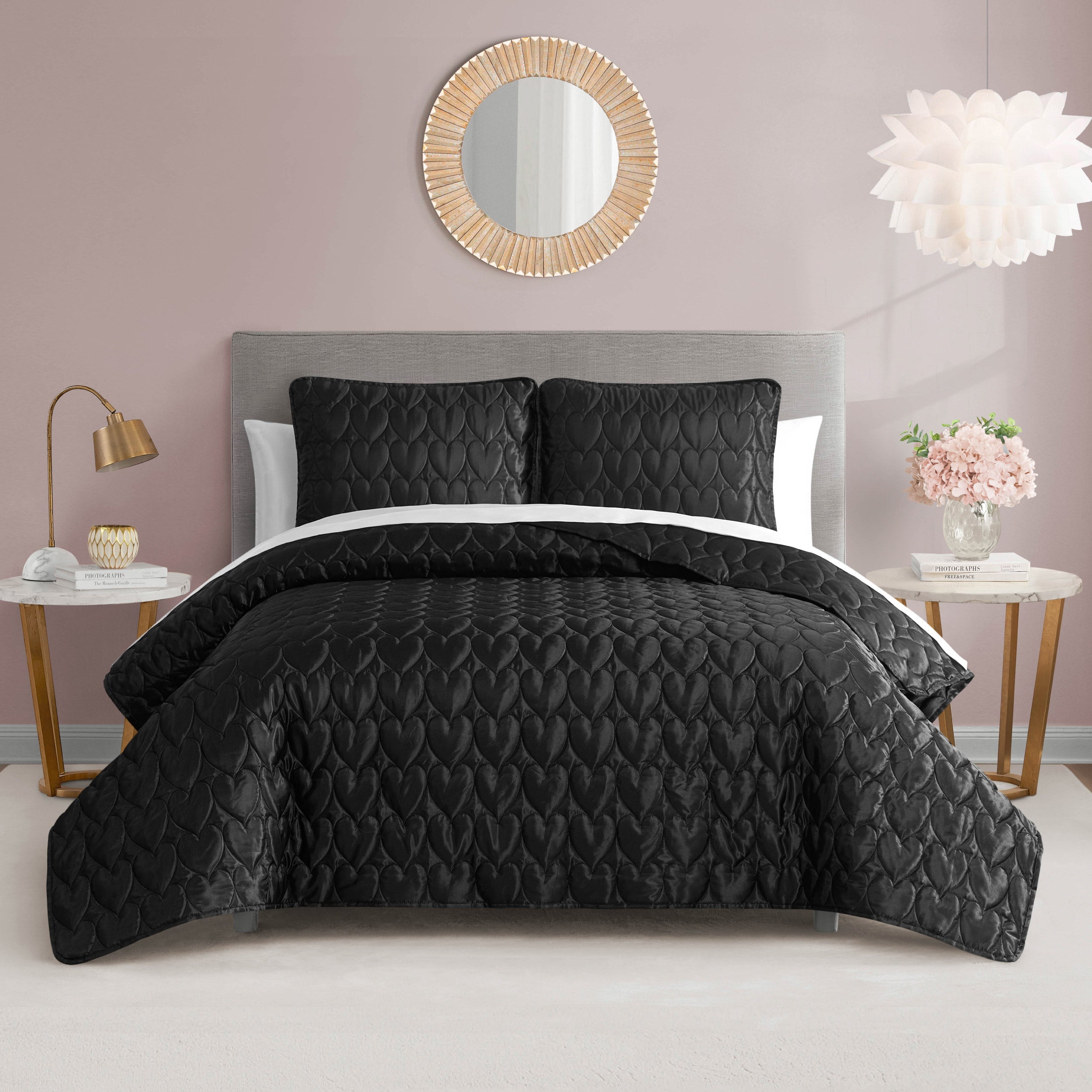 Satin Heart Stitched Quilt Set