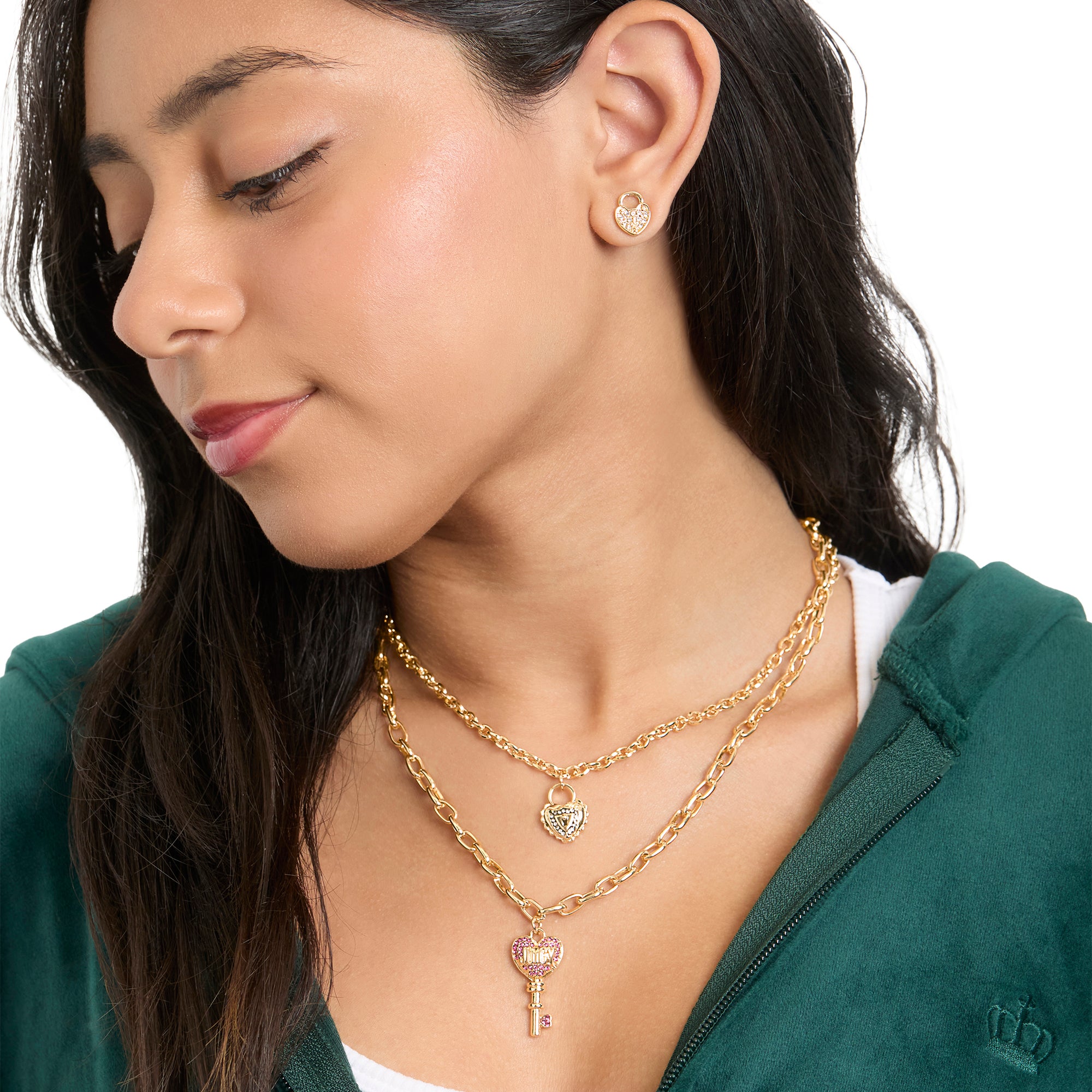 Key Charm Layered Necklace and Lock Earring Set - Image 2