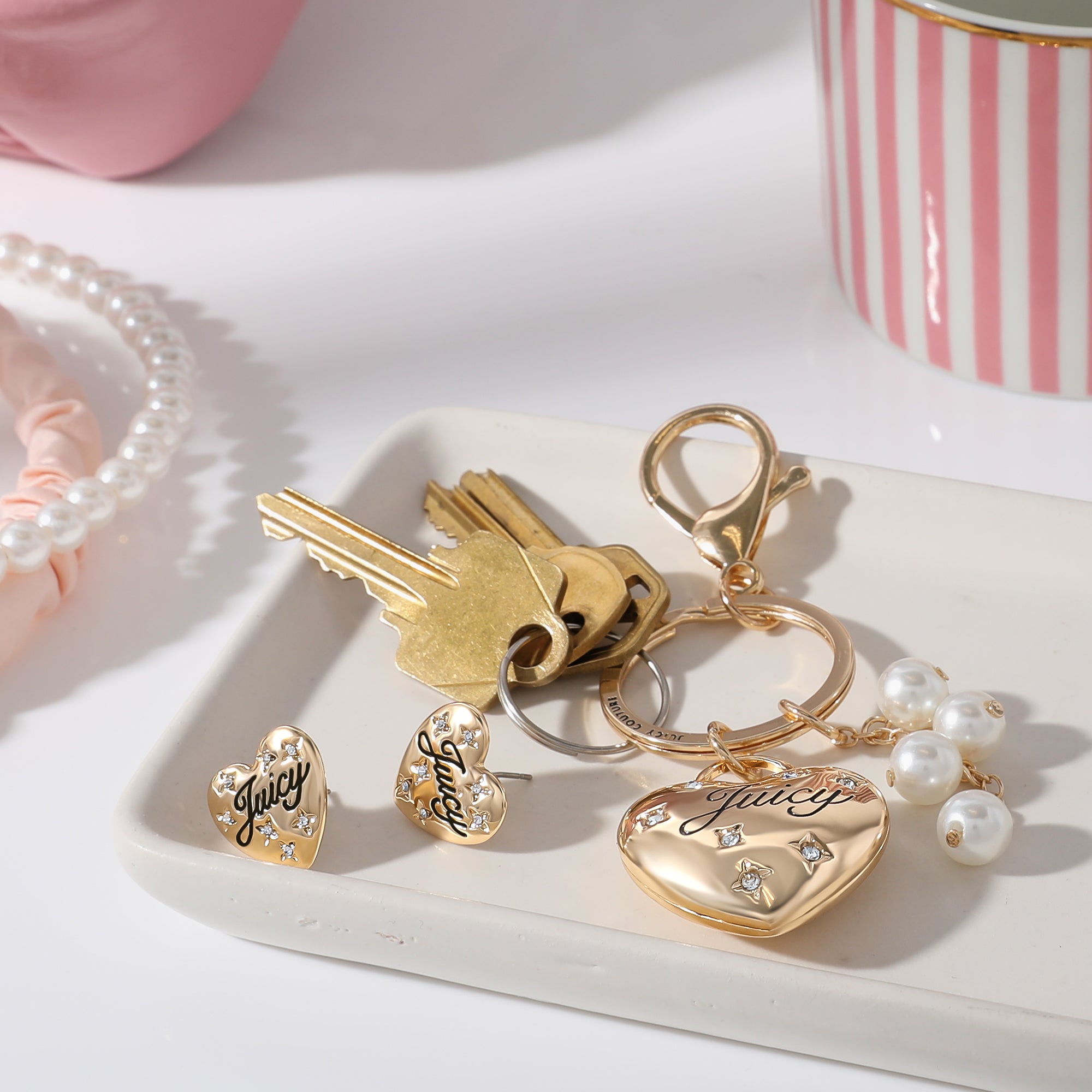 Gold-Tone Heart Keychain Bag Charm & Earring Set - Image 2