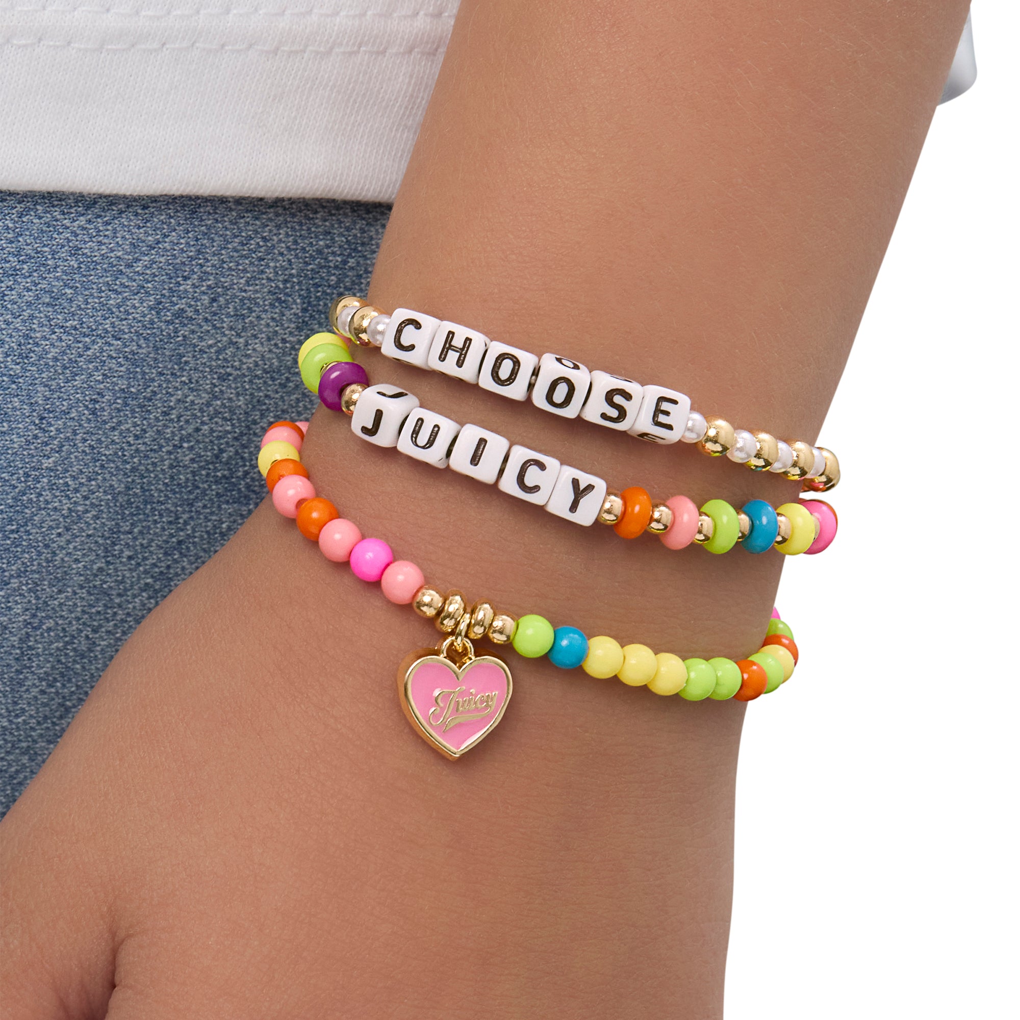 Kids Choose Juicy Heart Charm 3 Piece Stretch Beaded Bracelet Set - Image 2