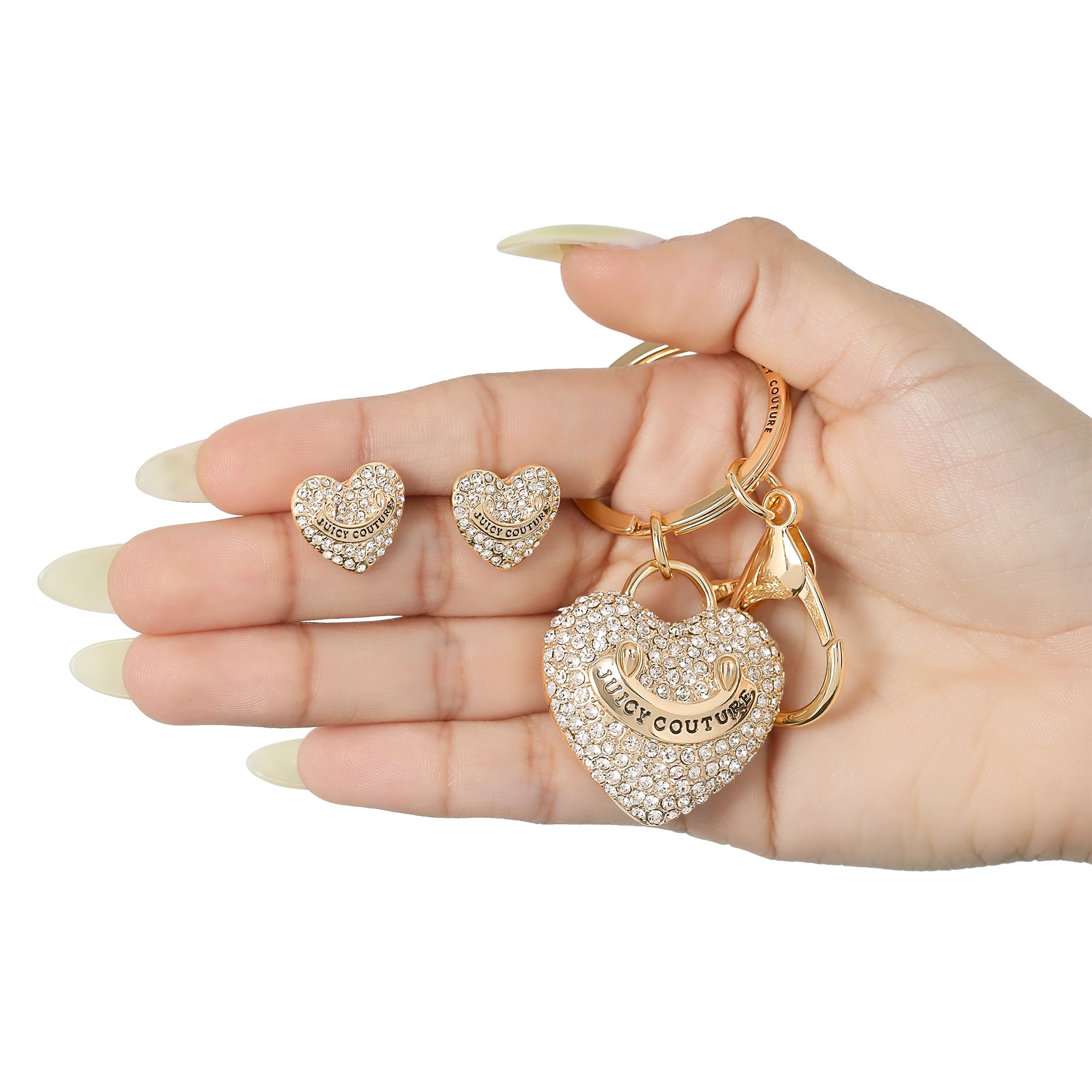 Gold-Tone Pave Heart Keychain Bag Charm & Earrings Set - Image 2