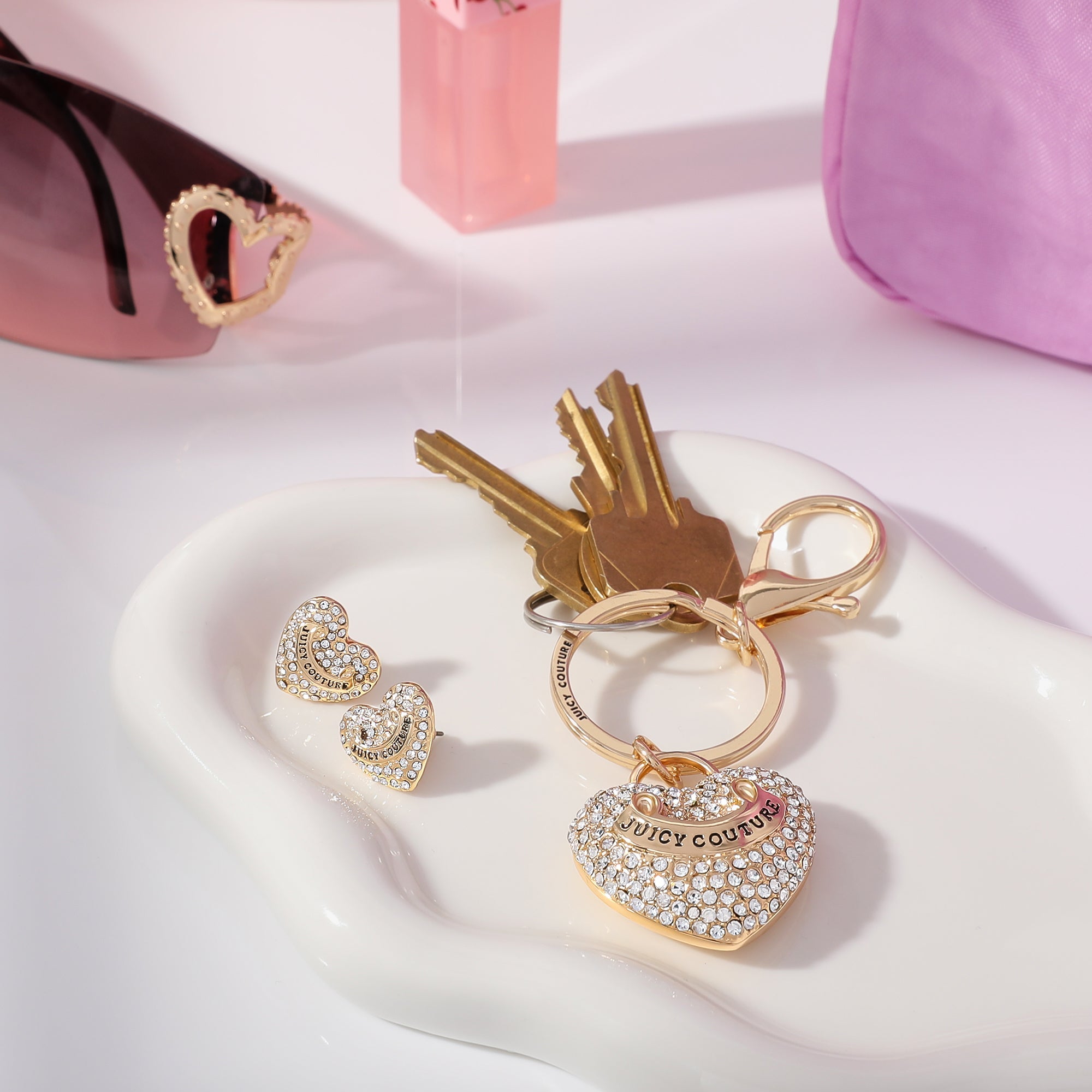 Gold-Tone Pave Heart Keychain Bag Charm & Earrings Set - Image 4